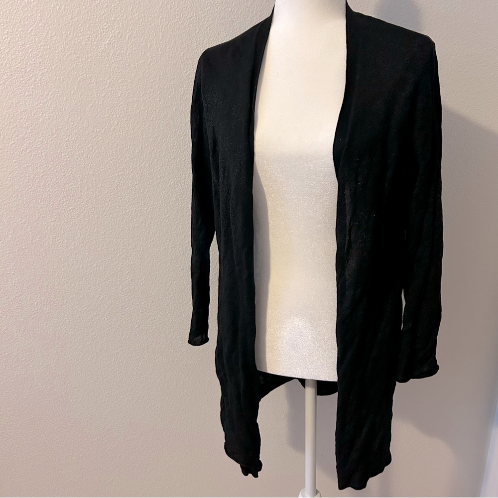 Eileen Fisher black long line open metallic lyocell cardigan sweater knit size S